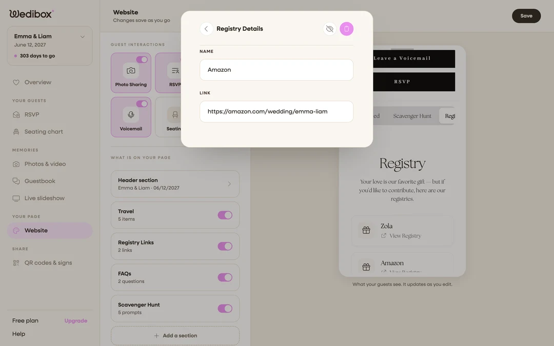 the Registry Details panel with NAME and LINK filled
