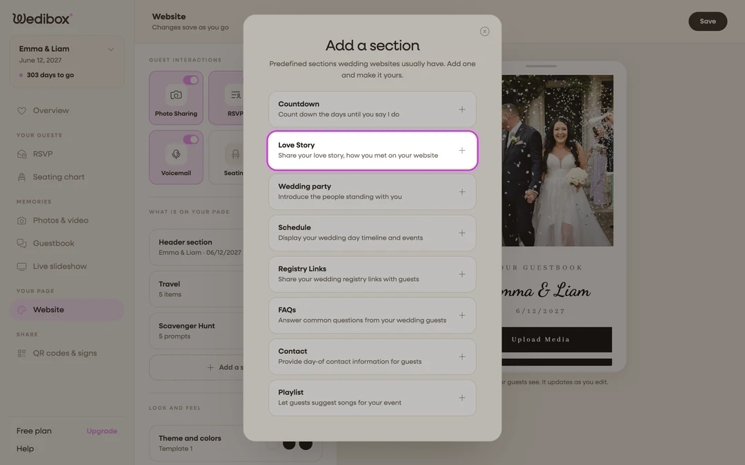 the Add a section picker with Love Story highlighted