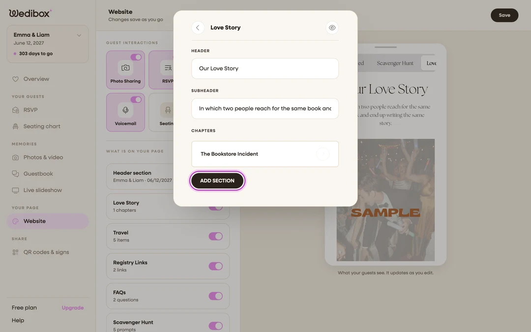 the CHAPTERS list with the ADD SECTION button highlighted