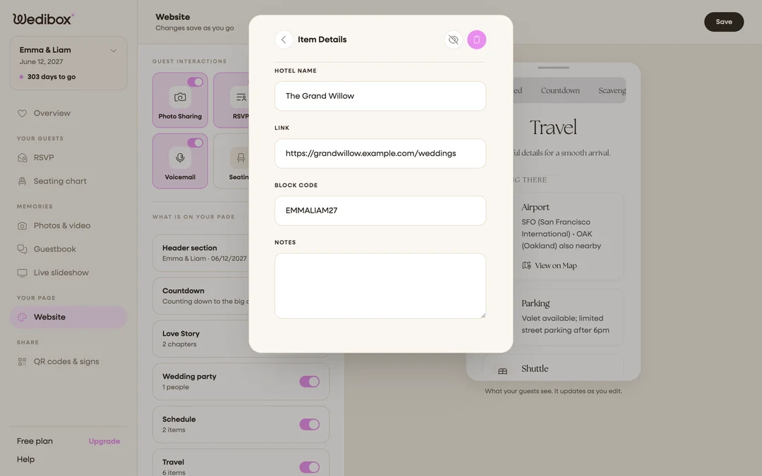 the hotel details panel with LINK and BLOCK CODE filled