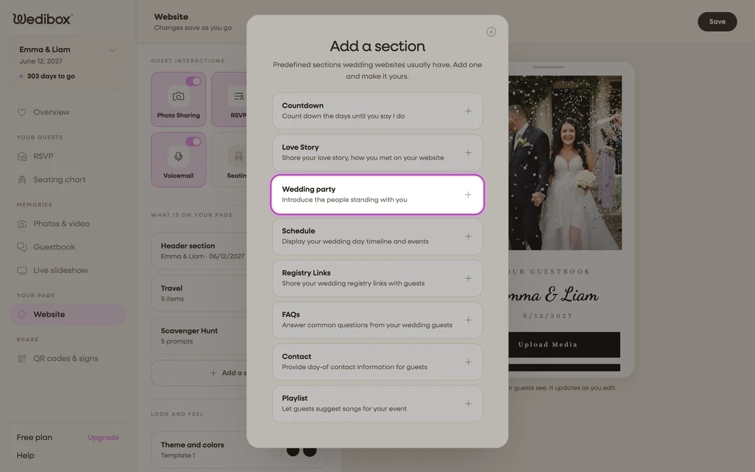 the Add a section picker with Wedding party highlighted
