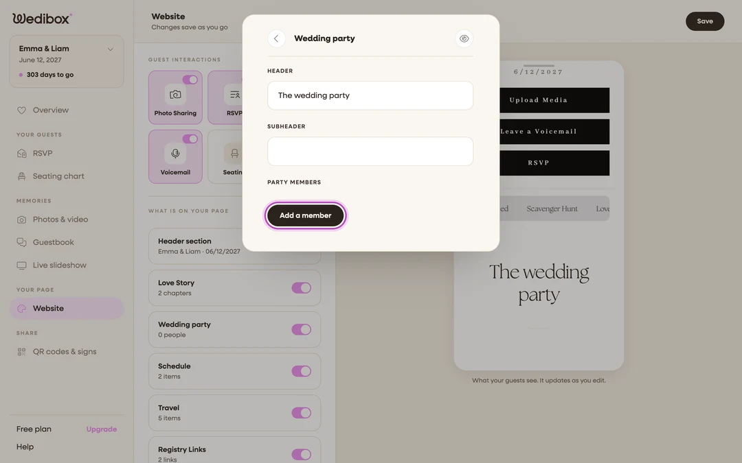 the Party members list with the Add a member button highlighted