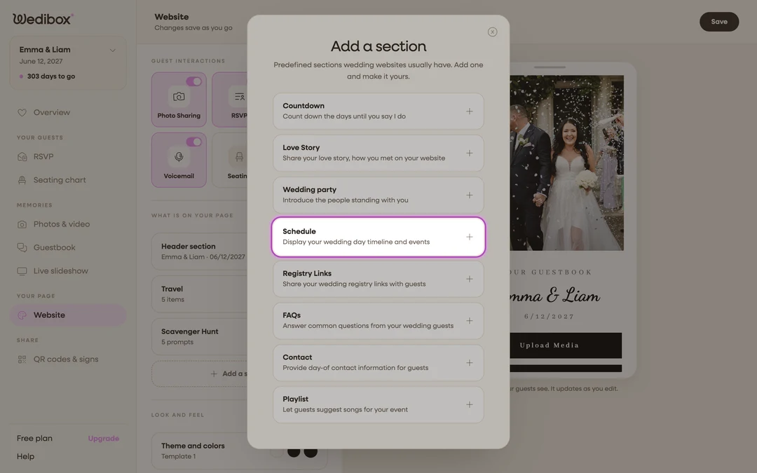 the Add a section picker with Schedule highlighted