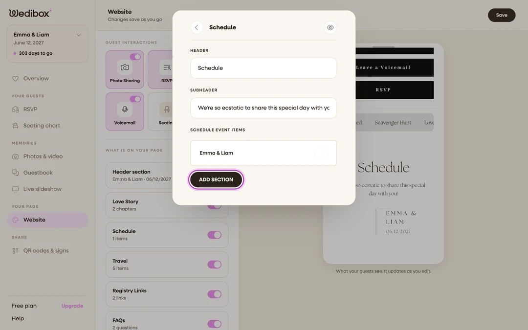 the SCHEDULE EVENT ITEMS list with the ADD SECTION button highlighted