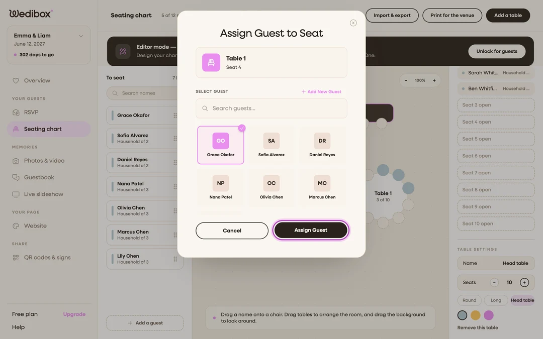 the Assign Guest to Seat popup with a guest selected and the Assign Guest button highlighted