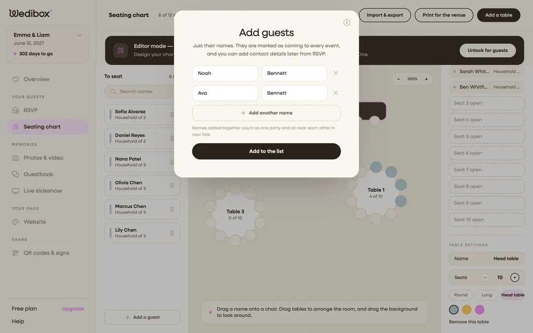the quick-add popup with a couple of name rows filled in