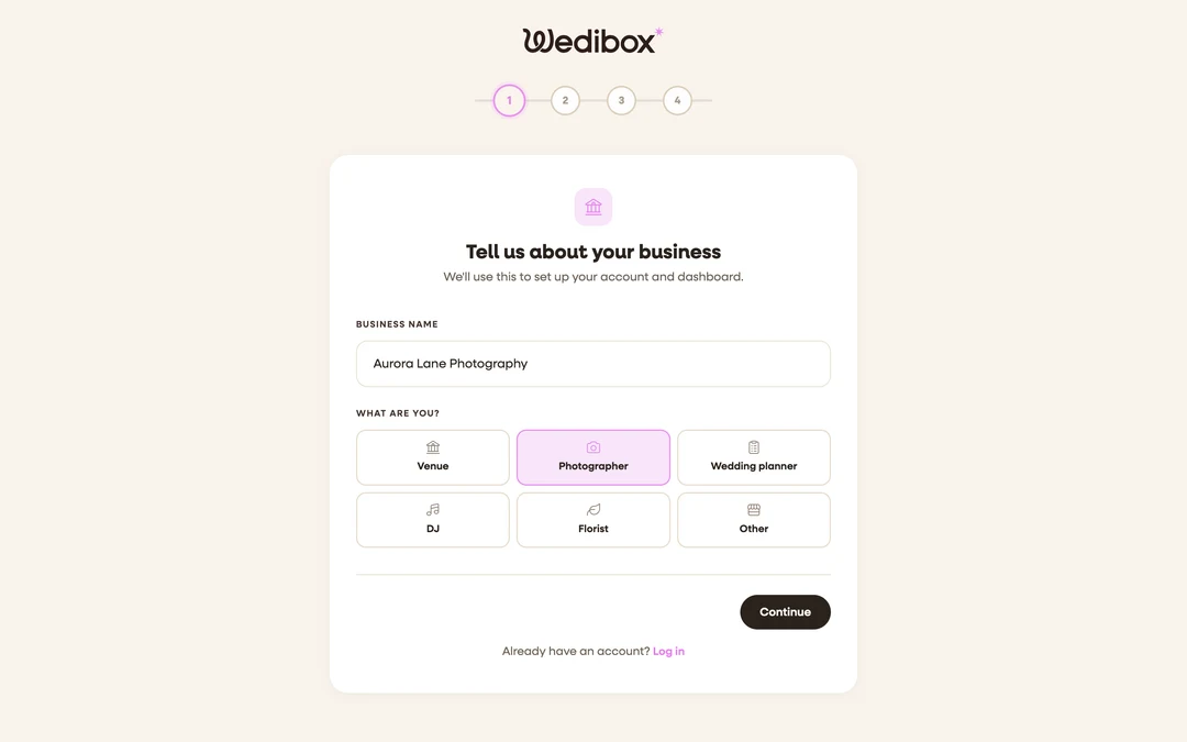 the “Tell us about your business” step with the business type chips