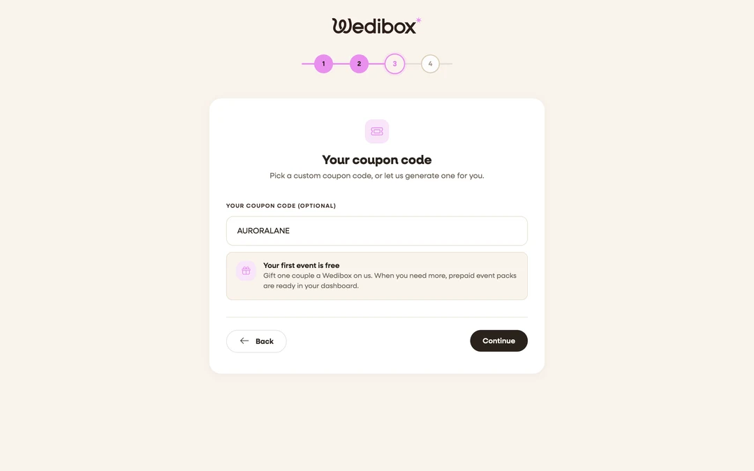 the “Your coupon code” step with a custom code typed in and the “Your first event is free” note