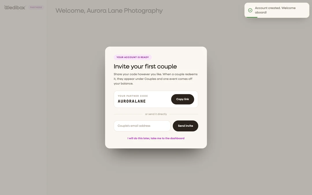 the welcome screen with the partner code and Copy link button