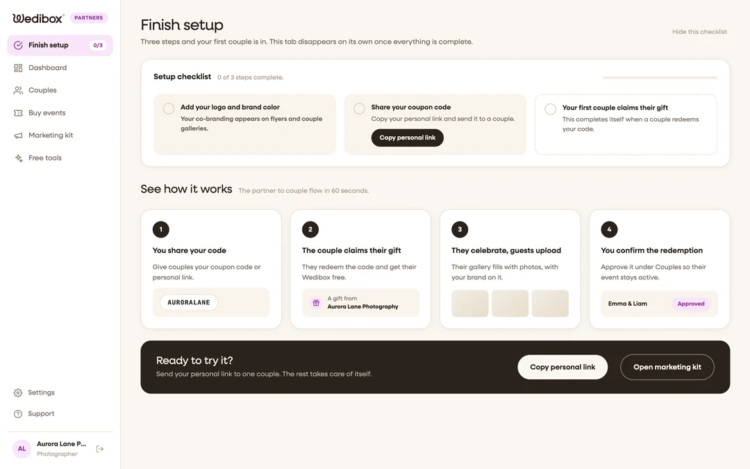 the Finish setup checklist with the three steps and progress meter