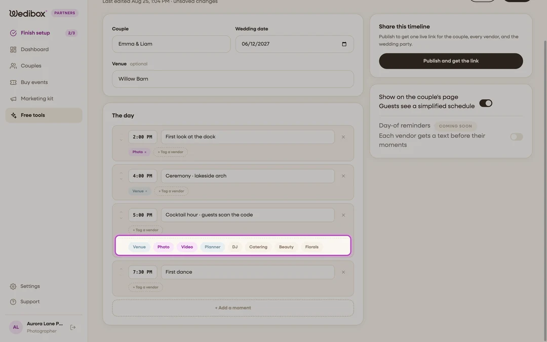 the vendor tag picker open under a moment
