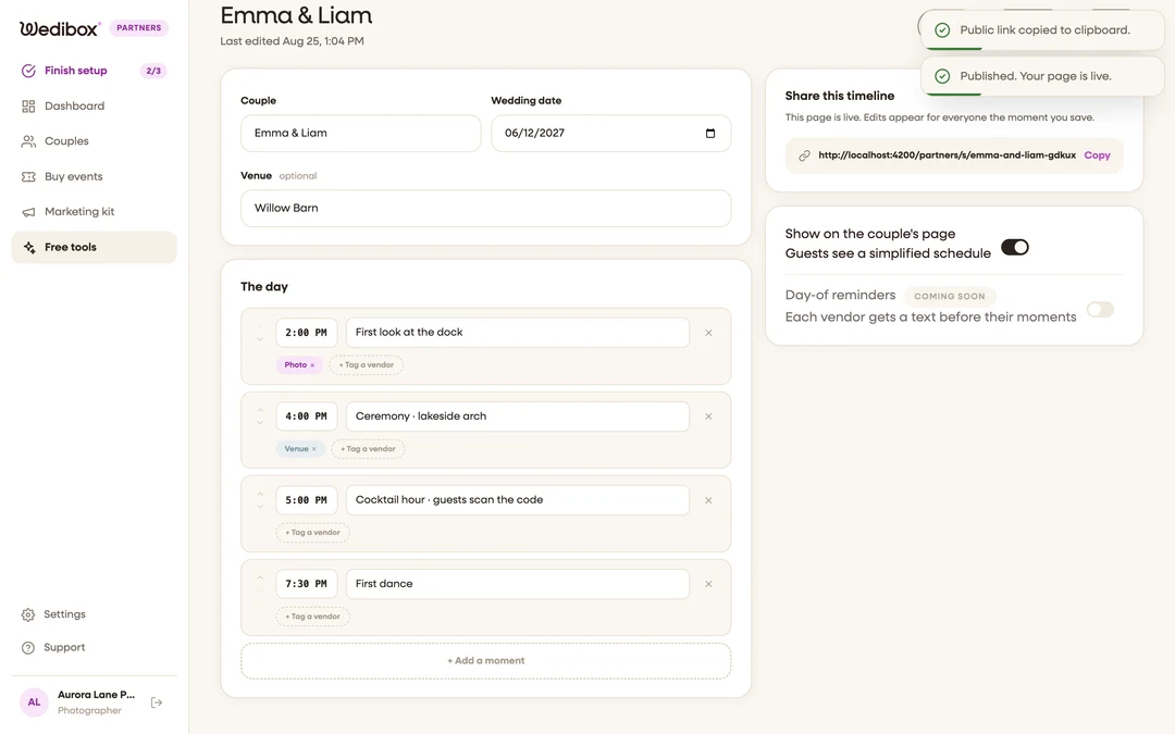 the share rail with the live link and Copy button