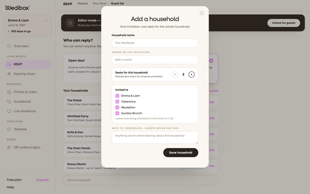 the household editor popup, empty