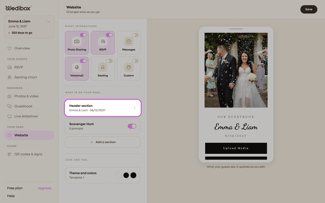 the What is on your page list with the Header section card highlighted
