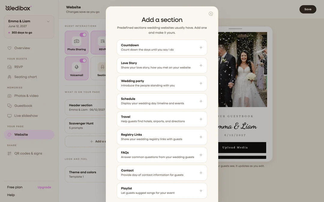 the Add a section picker