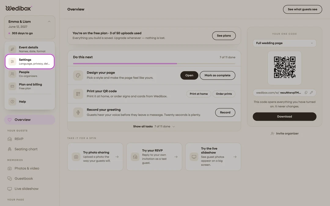 the sidebar event menu open with Settings highlighted