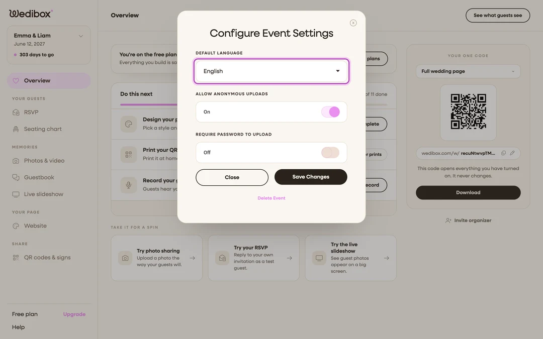 the settings panel with the Default Language dropdown highlighted