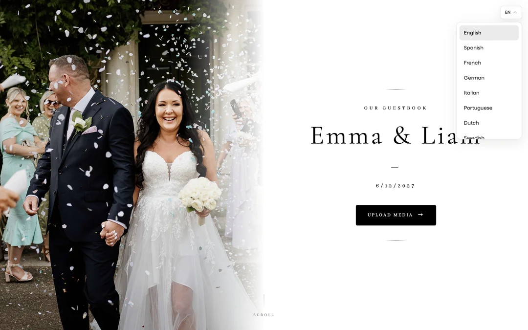 the guest page with the language dropdown open, default language selected