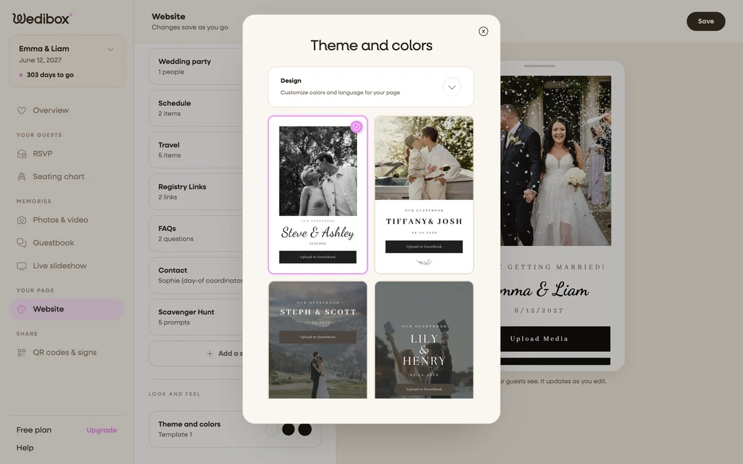 the template gallery grid inside the Theme and colors window