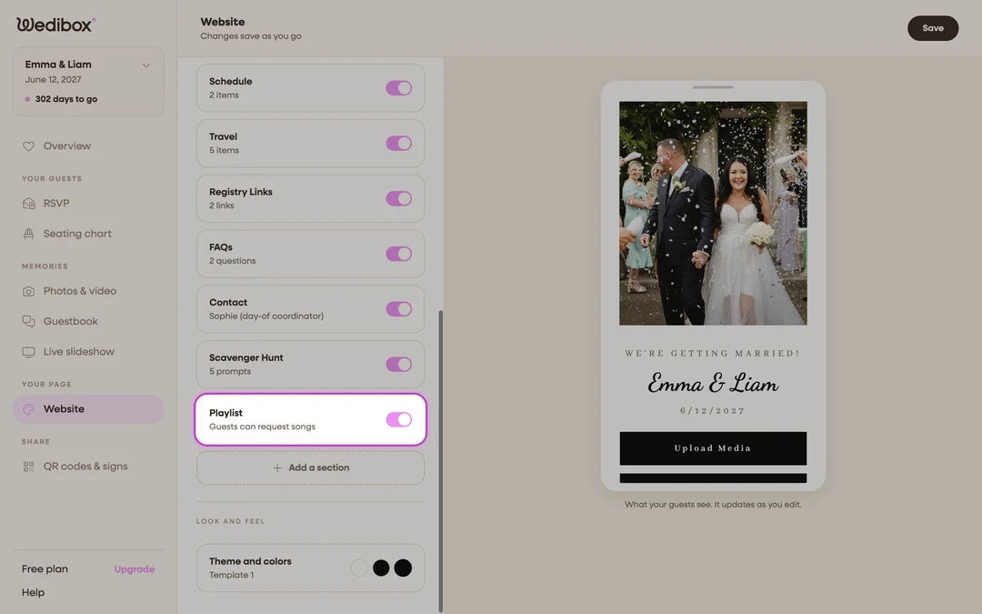 the What is on your page list with the Playlist card and its switch on