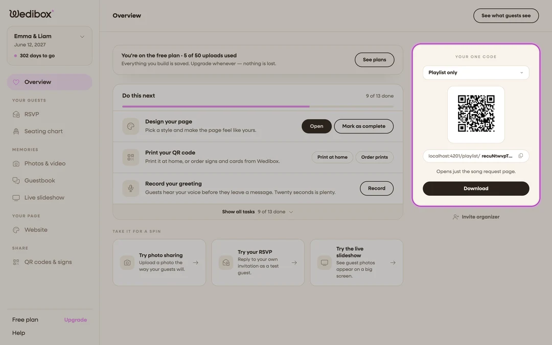 the Overview QR card with Playlist only selected and the address visible under the code