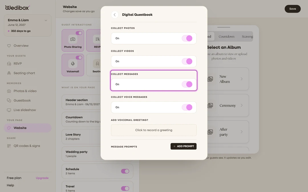 the Digital Guestbook panel with COLLECT MESSAGES toggled on