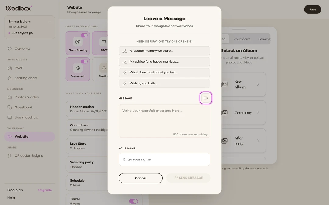 the guest-side Leave a Message popup with the video button highlighted
