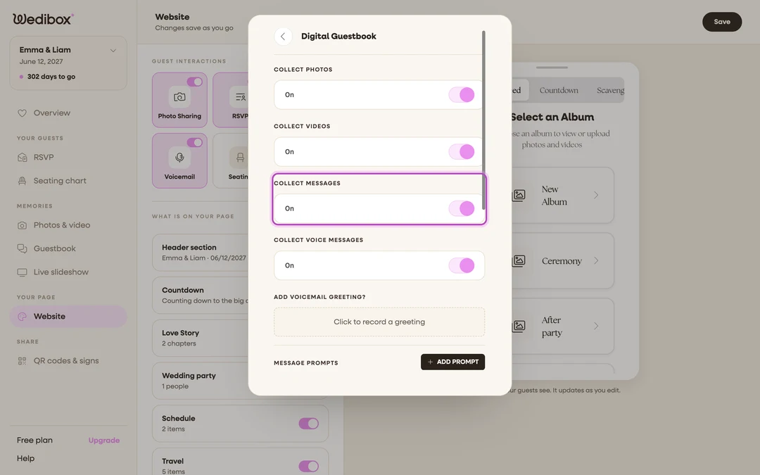 the Digital Guestbook panel with COLLECT MESSAGES toggled on