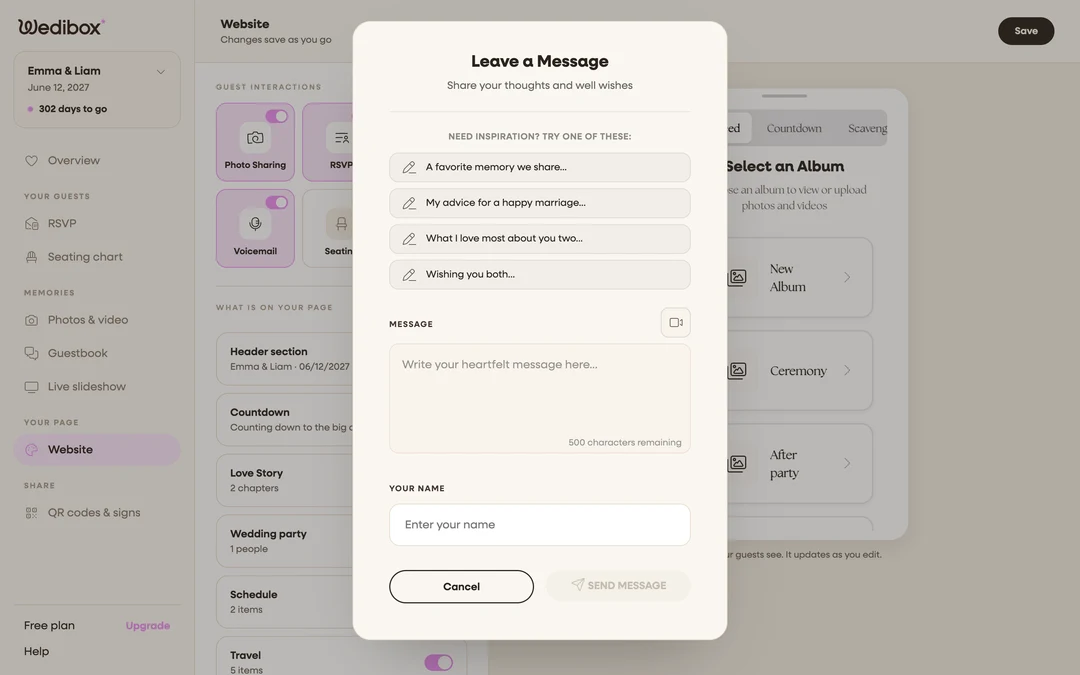 the guest-side Leave a Message popup with prompts and the message box visible