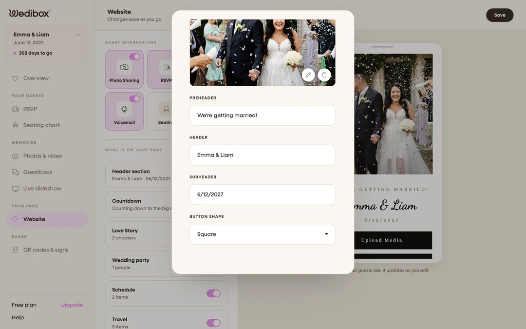 the BUTTON SHAPE dropdown in the header editor