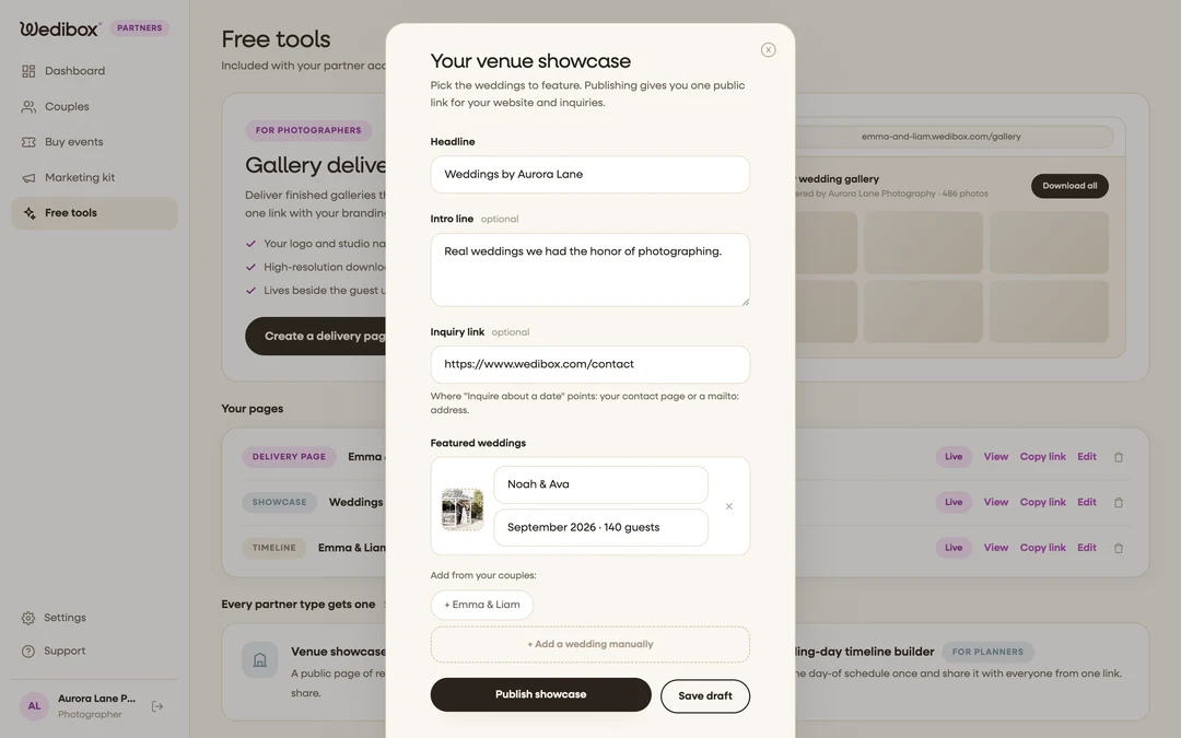 the showcase editor with a featured wedding row and the “Add from your couples” chips