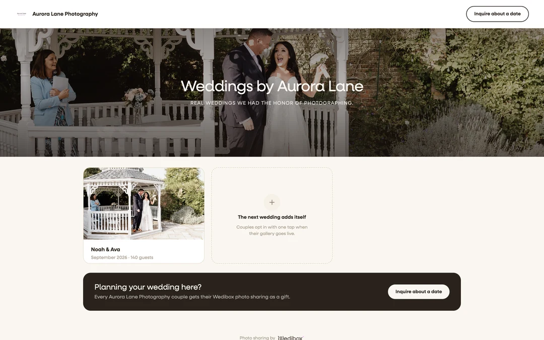 the public showcase page with the wedding card grid