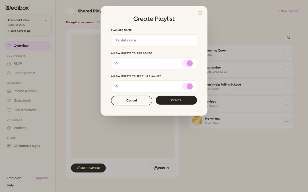 the Create Playlist popup with the PLAYLIST NAME field active