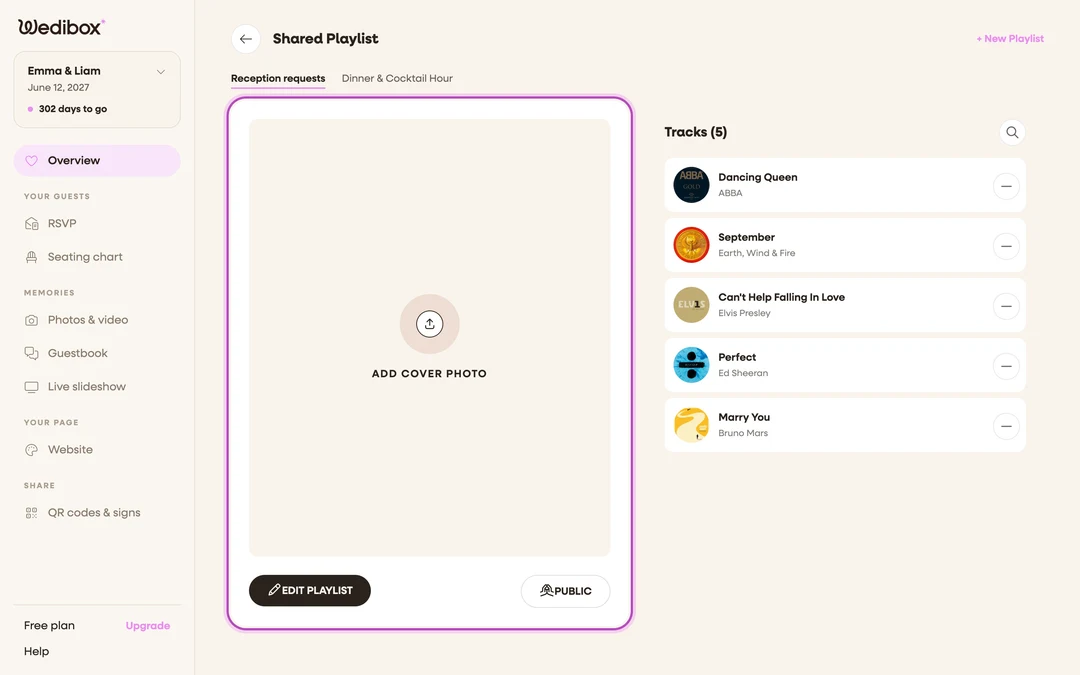 the playlist cover card with the ADD COVER PHOTO area and the EDIT PLAYLIST button below