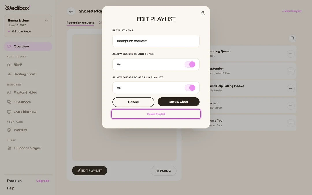 the edit popup showing Save & Close and the Delete Playlist link