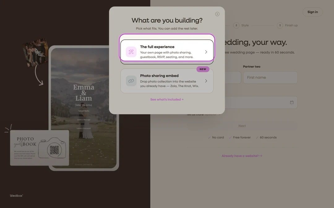 the What are you building? chooser with The full experience highlighted