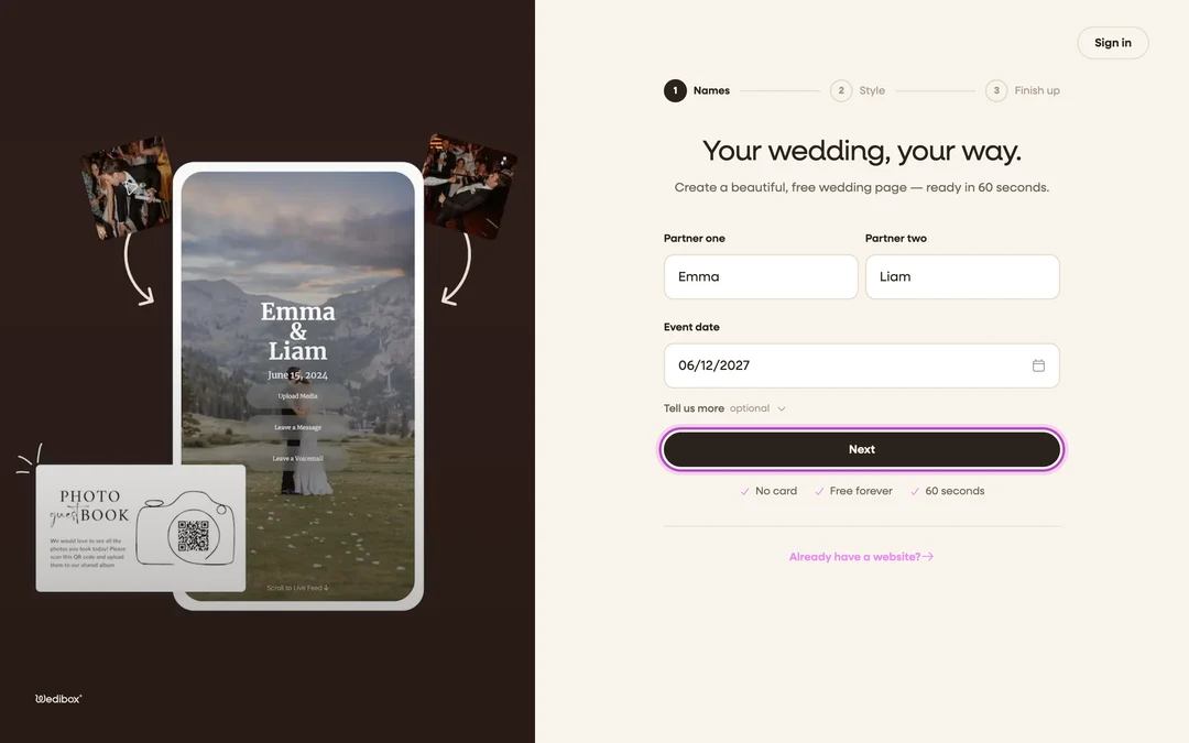 the Names step with both name fields and the date picker filled