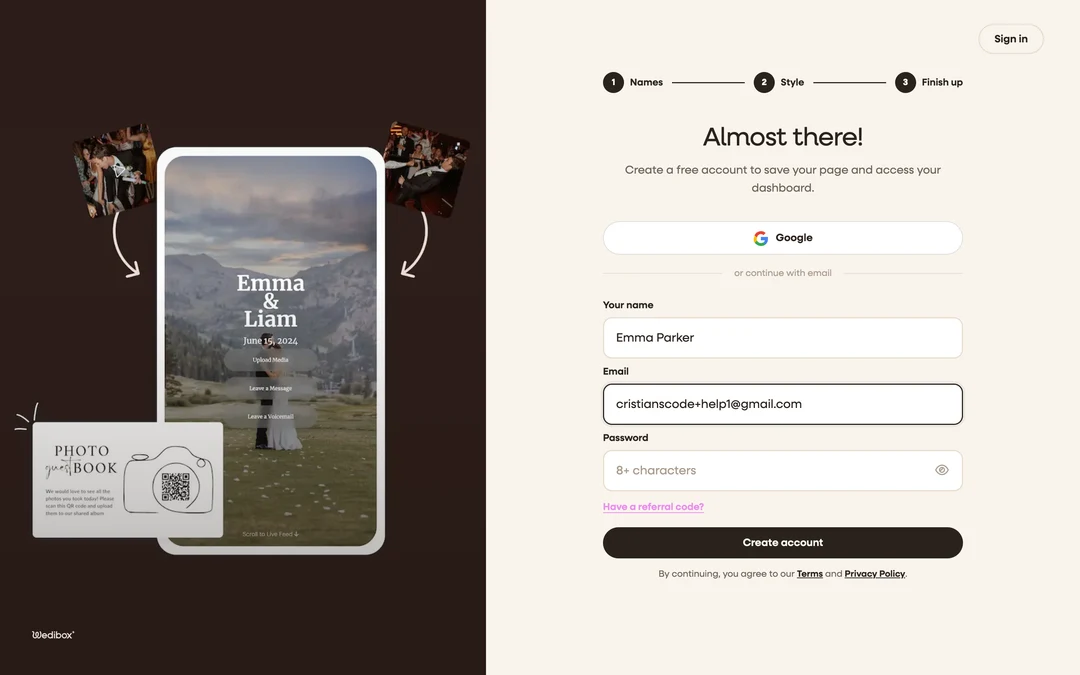 the “Almost there!” account screen with the Google button and email fields visible