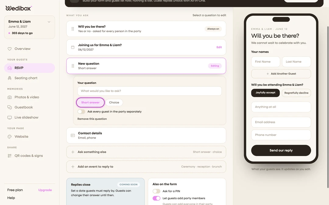an open question editor with the Short answer / Choice type buttons