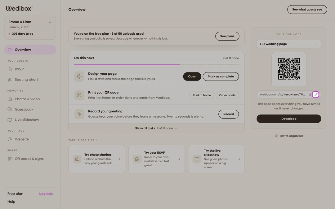 the Your one code card with the pen icon next to the link highlighted