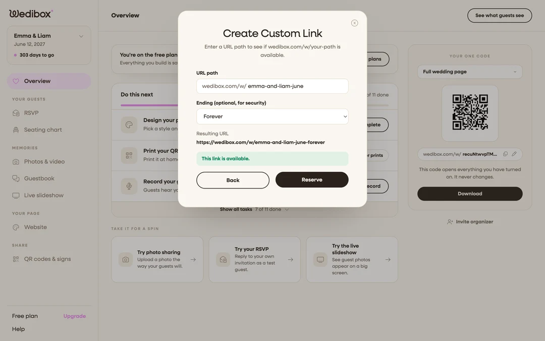 the availability result showing “This link is available.”