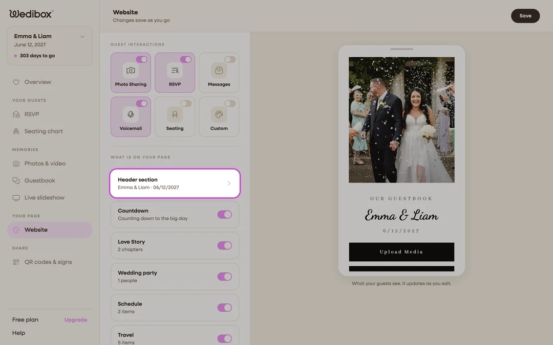 the Header section card at the top of the What is on your page list