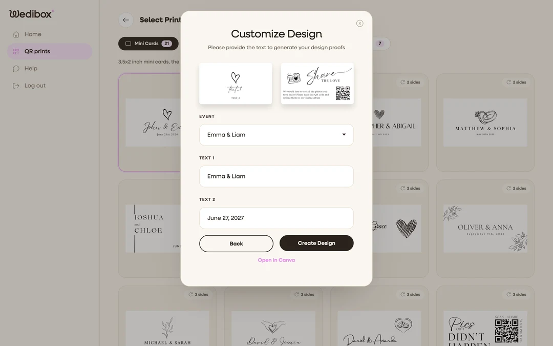 the Customize Design step with all text lines filled
