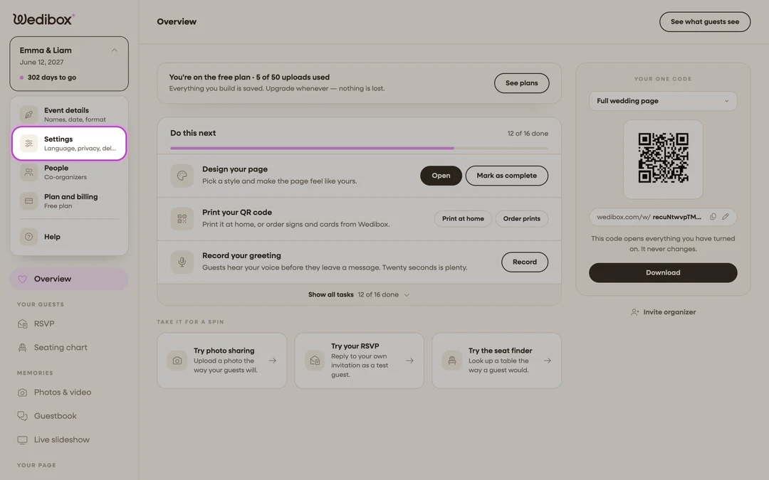 the event menu open with Settings highlighted