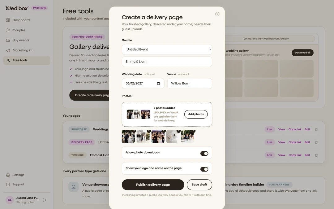 the delivery popup with photos added and the upload zone visible