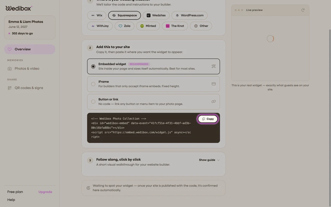 the code step with the snippet and Copy button highlighted