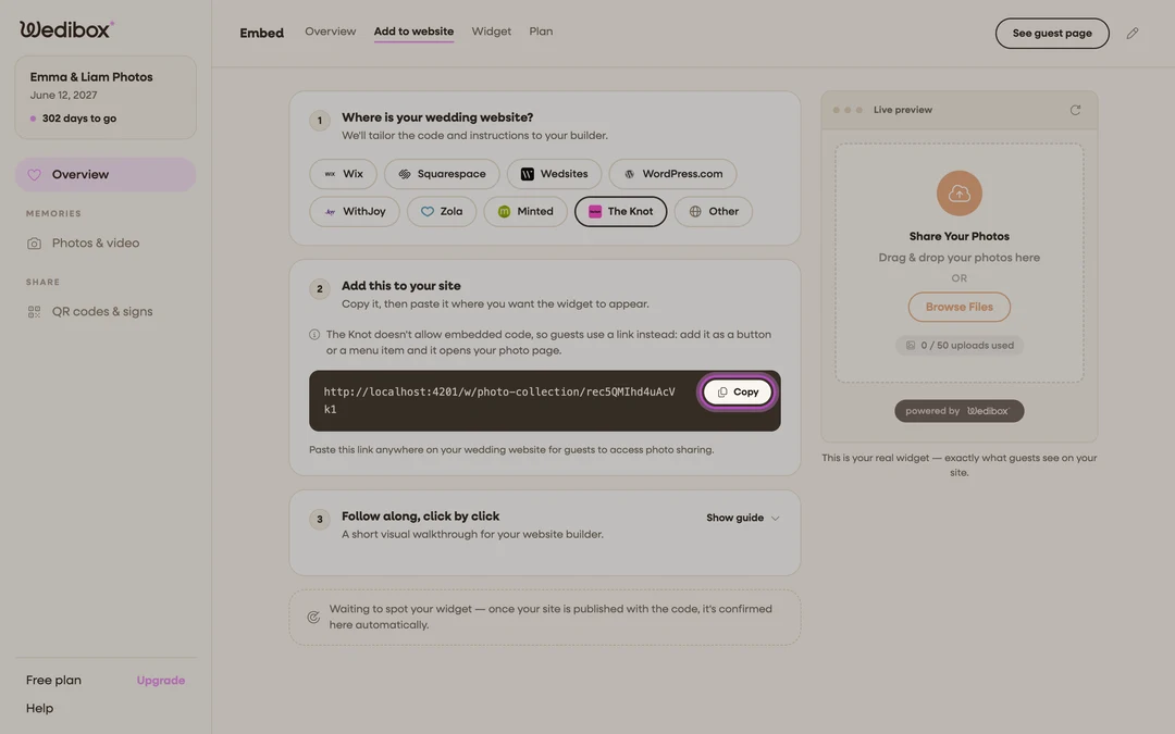 the link view of the code box with the Copy button highlighted
