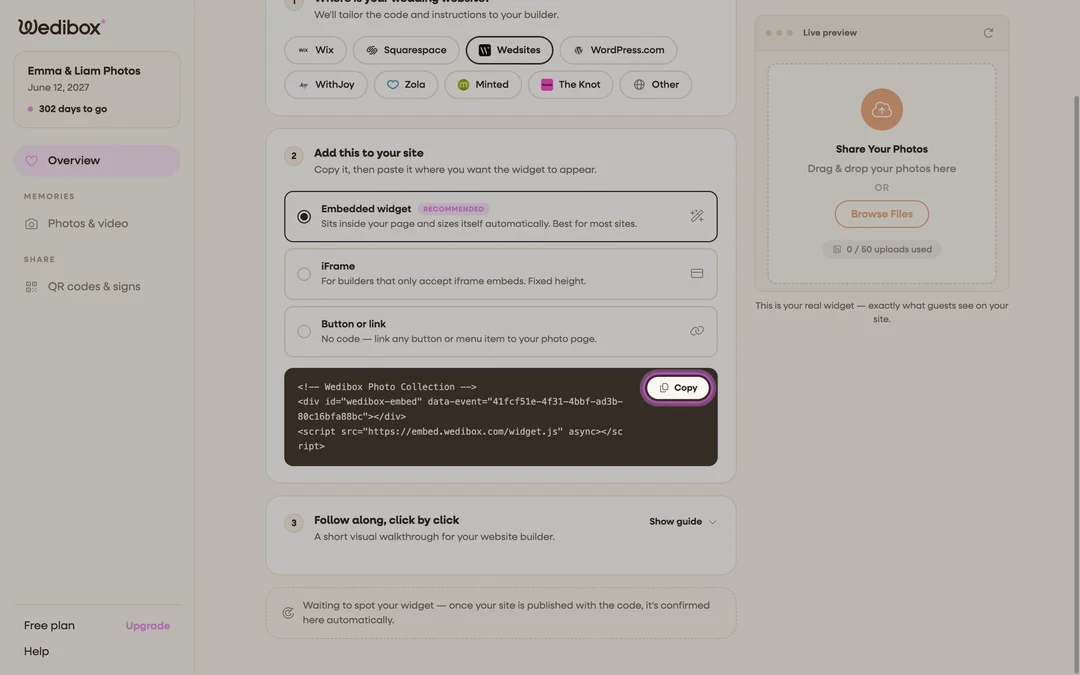 the code step with the snippet and Copy button highlighted
