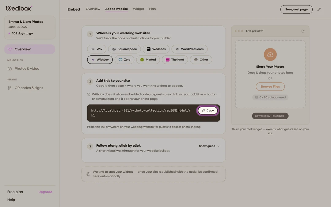 the link view of the code box with the Copy button highlighted