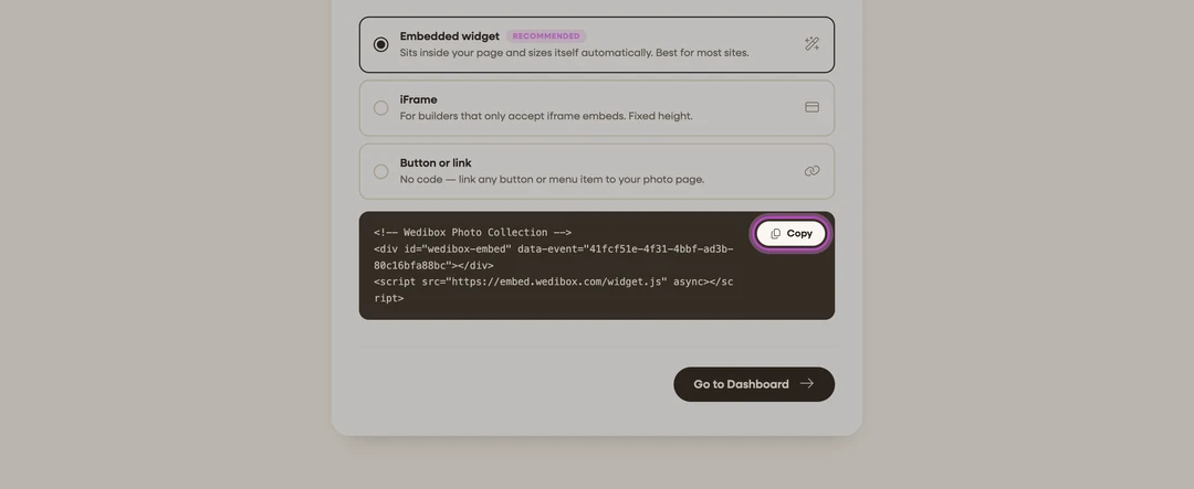 the code step with the snippet and Copy button highlighted